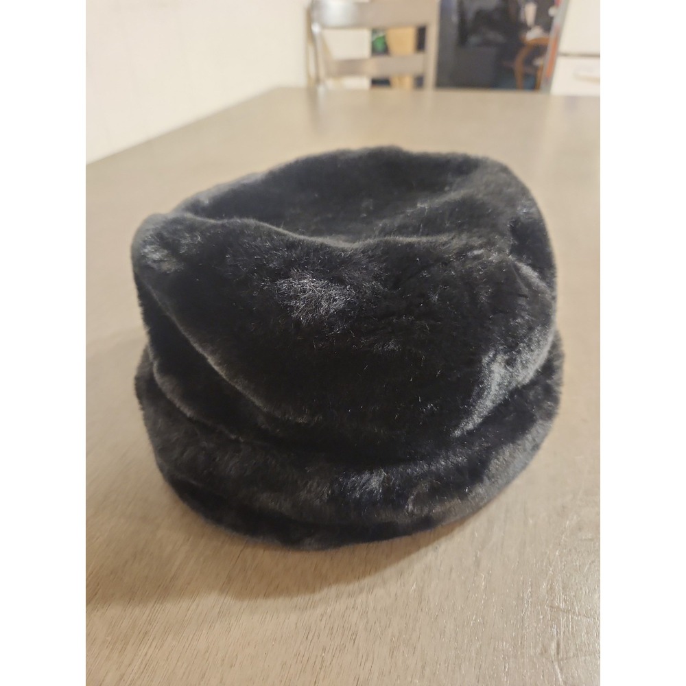 Ladies Black Faux Fur Cossack Winter Hat Bucket Russian Style Fall Accessory EUC